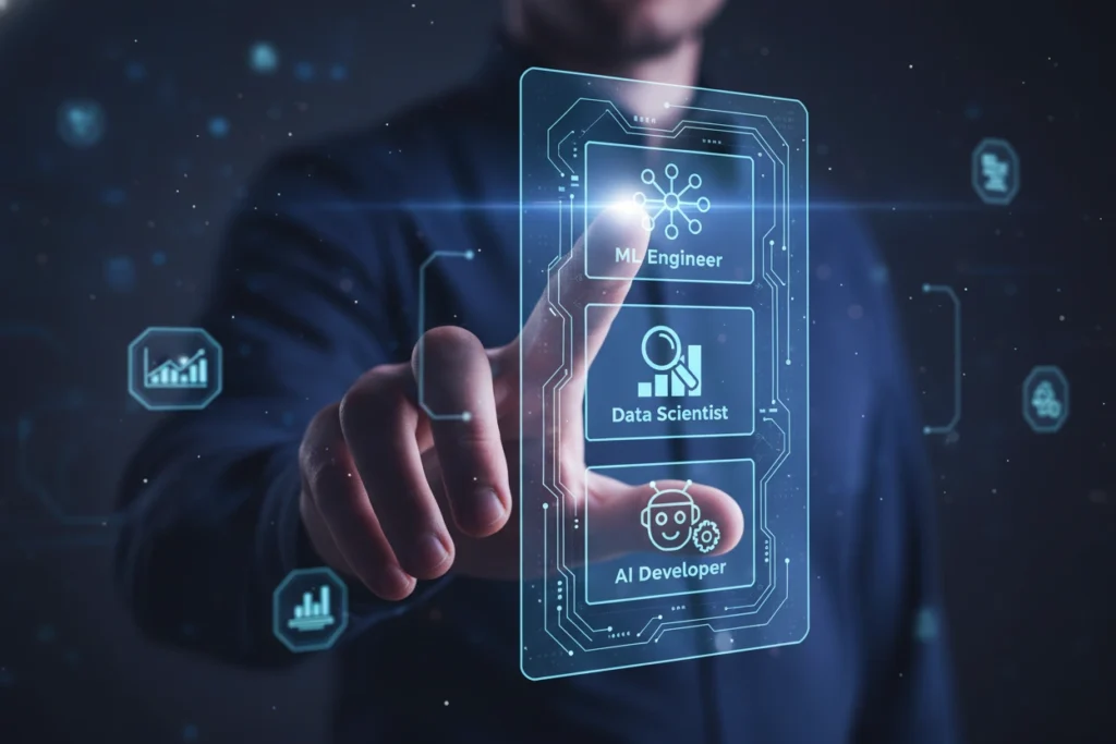 A person interacting with a futuristic digital interface showing roles such as ML Engineer, Data Scientist, and AI Developer, symbolizing how On-Demand AI Talent supports and accelerates product development.