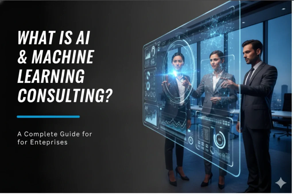Modern enterprise AI & machine learning consulting visual showing executives analyzing data on holographic dashboards with neural networks and predictive analytics